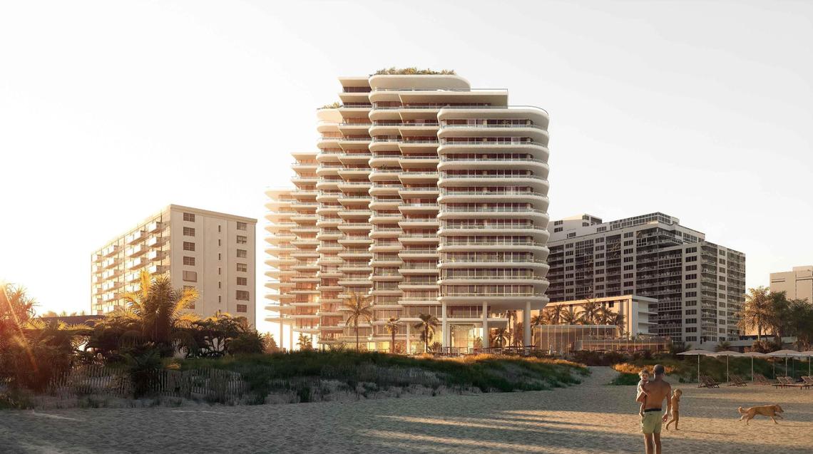 An architectural rendering shows a beachfront view of a proposed new luxury condo tower designed by OMA that would replace the 1964 La Costa condominium at 5333 Collins Ave., Miami Beach.