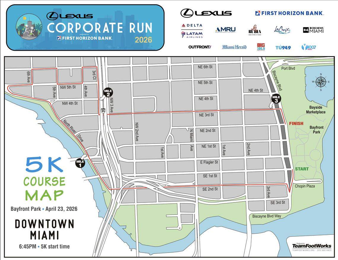 The Lexus 2026 Corporate Run Miami race route map.