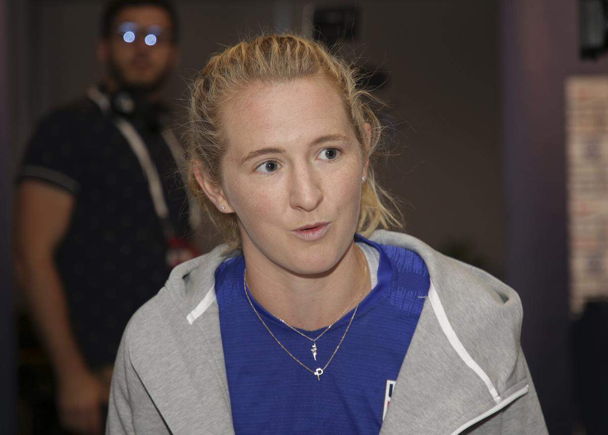 Samantha Mewis, a member of the United States women’s national soccer team, speaks to reporters during a media day in New York, Friday, May 24, 2019.