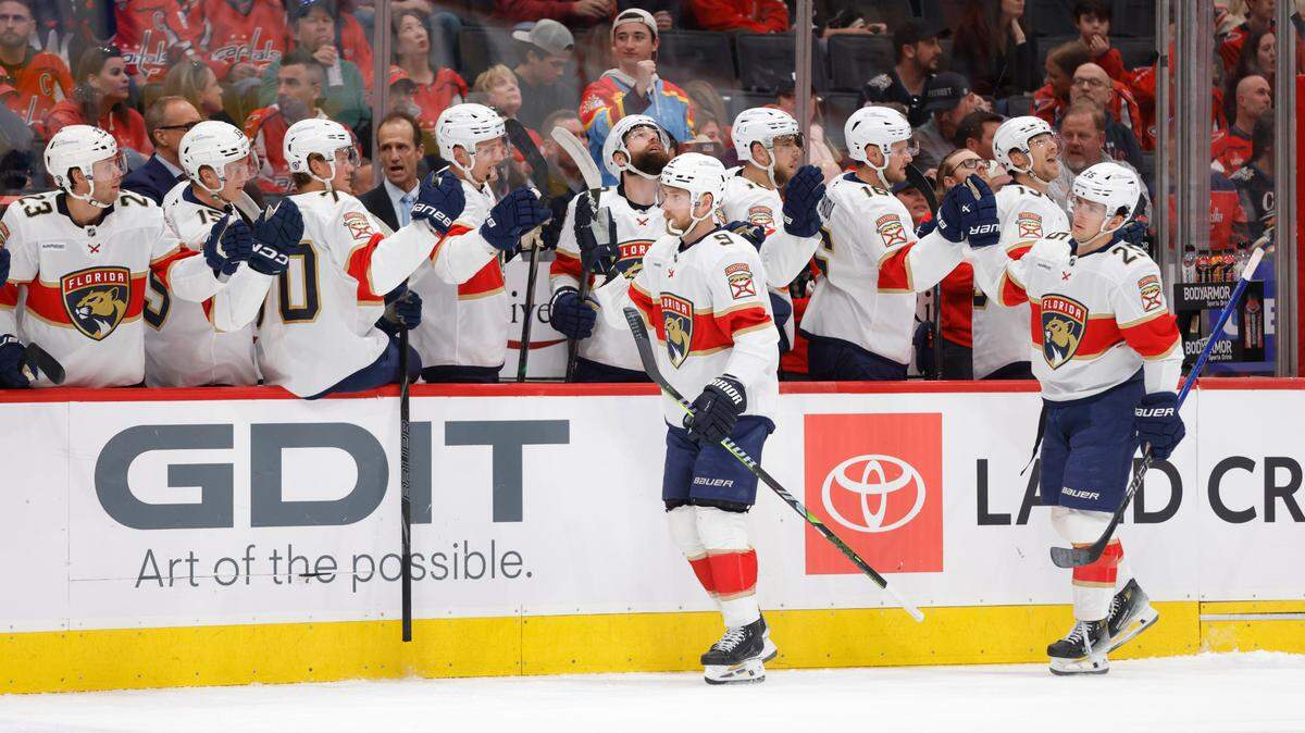 Mar 22, 2025; Washington, District of Columbia, USA; Florida Panthers center Sam Bennett (9) celebrates after scoring a goal against the Washington Capitals during the first period at Capital One Arena. Mandatory Credit: Amber Searls-Imagn Images