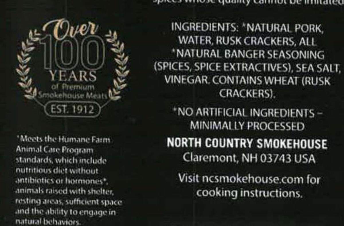 The back label declares the North Country Smokehouse sausage has wheat
