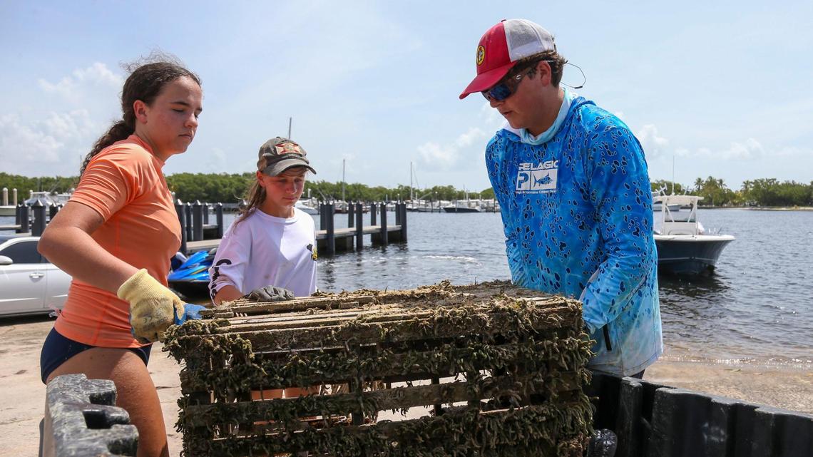 Ella, Ava, and Jackson Crowley carry an abandon lobster trap into a golf cart during the Ghost Trap Rodeo event at Matheson Hammock Park & Marina in Coral Gables, Florida, Sunday, July 16, 2023.