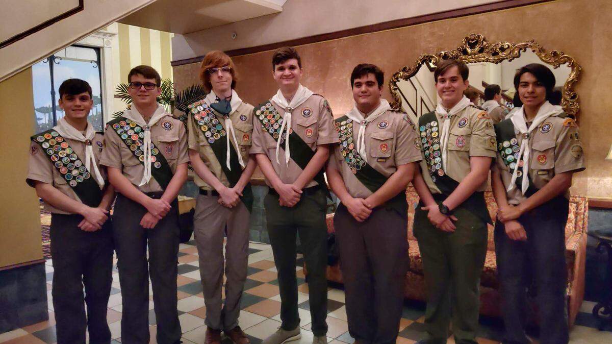Honored as the newest Eagle Scouts in Boy Scout Troop 457 are Daniel Stephen Kayworth, Carson Q. Garcia, Raven C. Brousseau, Kurt Mitchell Jablonski II, Grant Alan Kleber, Kevin Mark Sturge, and Noah L. Giles.