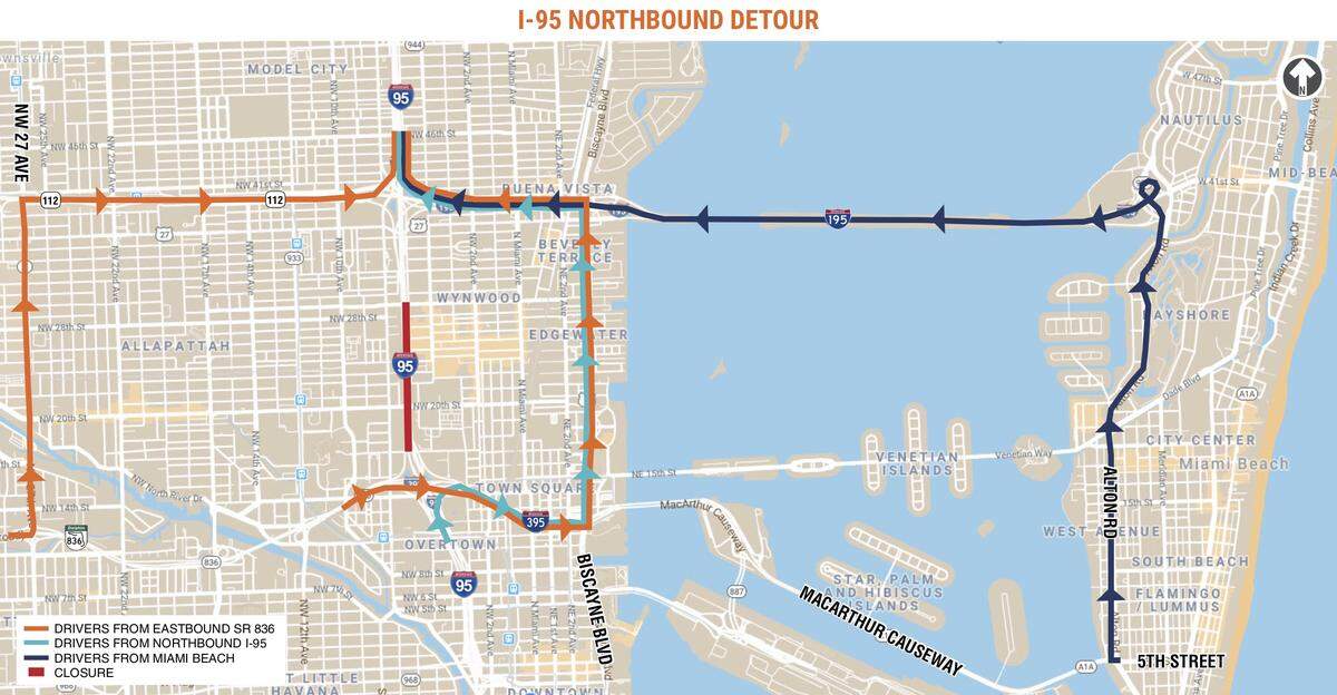 All northbound I-95 lanes will be closed from SR 836/I-395 to SR 112/I-195 on Sept. 25, Oct. 1 through 3, Oct. 9 and Oct. 10 during nighttime hours.