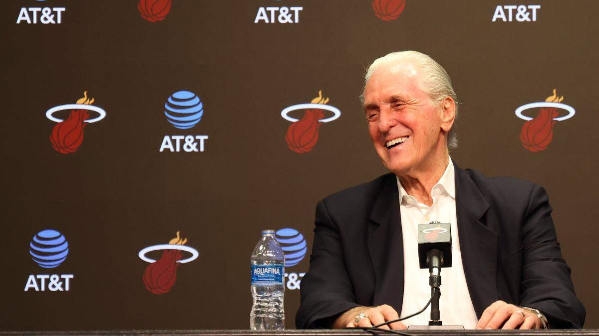 Heat president Pat Riley smiles during his interactions with sports reporters during his end of the season press conference at Kaseya Center in Miami on May 6, 2024.