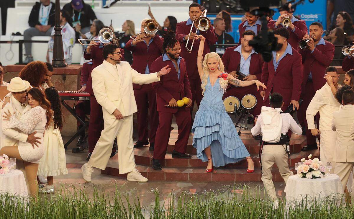 US singer-songwriter Lady Gaga and Puerto Rican singer Bad Bunny perform during Super Bowl LX Patriots vs Seahawks Apple Music Halftime Show at Levi's Stadium in Santa Clara, California on February 8, 2026. 