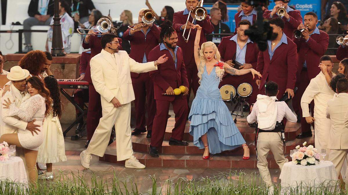 Bad Bunny and Lady Gaga perform during the Super Bowl halftime show in California on Feb. 8, 2026. 