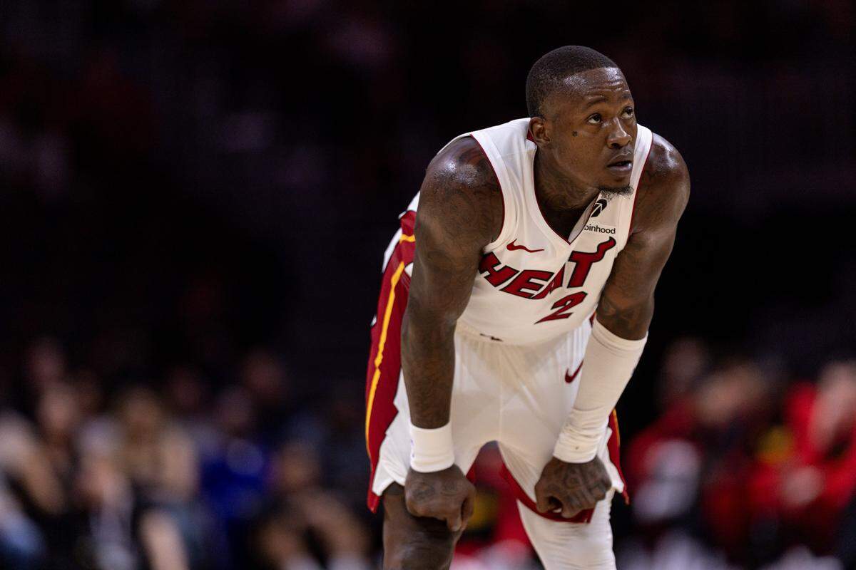 Miami Heat guard Terry Rozier (2) watches a teammate take free throws during the first half of an NBA preseason game against the Atlanta Hawks at the Kaseya Center on Wednesday, October 16, 2024, in Miami, Fla.