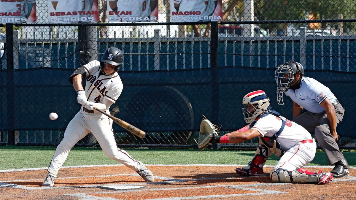 Stoneman Douglas Eagles Bennet Gary (4) bats against Doral Academy Firebirds during the baseball game on Friday, April 19, 2024 at Doral Academy HS in Doral. Andrew Uloza / for Miami Herald