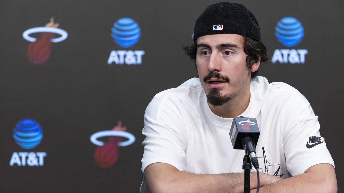 Miami Heat forward Jaime Jaquez Jr. (11) participates in his team’s season-ending exit interviews at the Kaseya Center on April 16, 2026, in Miami.