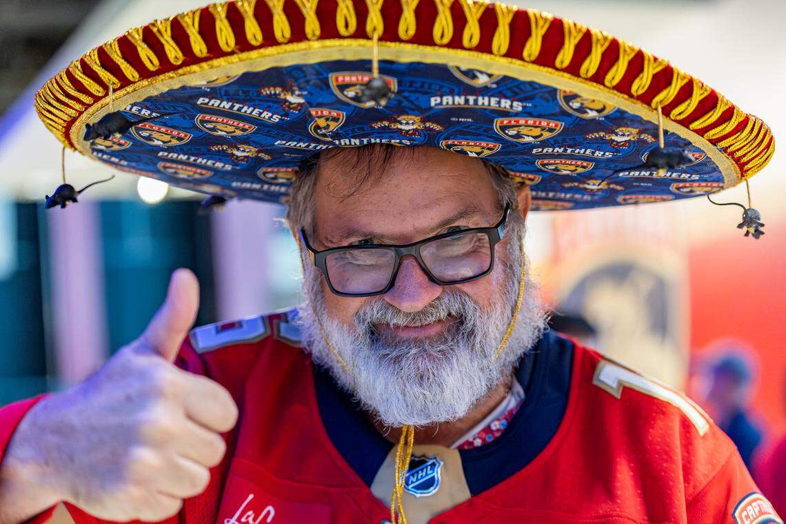 Florida Panthers fan Dwayne Stafford reacts as he walks through Amerant Bank Arena during a watch party before his team plays against the Edmonton Oilers in Game 1 of the NHL Stanley Cup Final on Wednesday, June 4, 2025, in Sunrise, Fla.