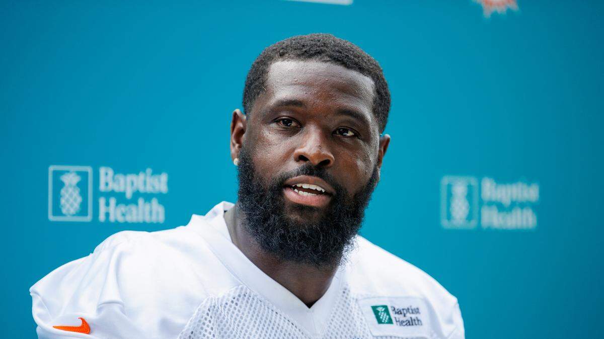 Miami Dolphins offensive tackle Terron Armstead (72) speaks with the media after the first day during NFL football training camp at Baptist Health Training Complex in Hard Rock Stadium on Wednesday, July 27, 2022 in Miami Gardens, Florida.