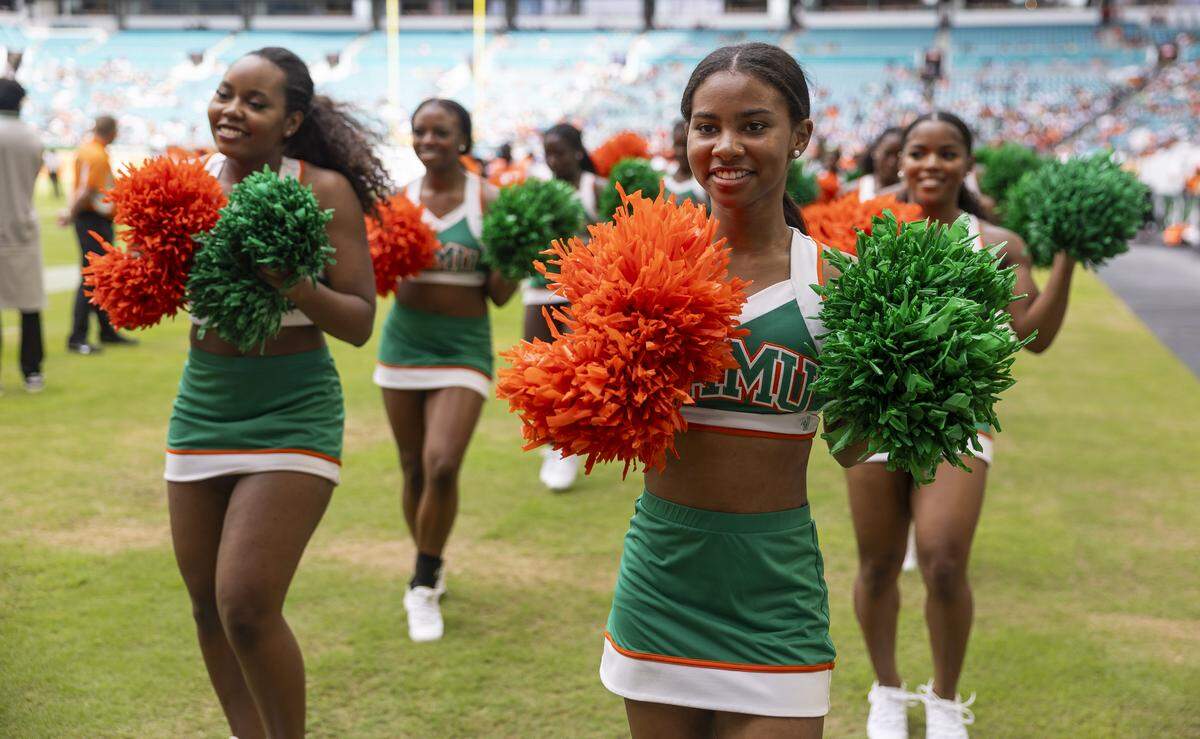 Florida A&M Rattlers cheerleaders perform in the first half of their team’s Orange Blossom Classic football game against the Howard Bison at Hard Rock Stadium on Saturday, Aug. 30, 2025, in Miami Gardens, Fla.