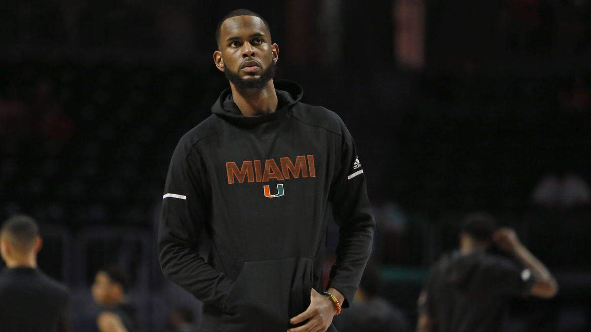 Miami Hurricanes forward Dewan Hernandez looks on before the start of an NCAA college basketball game against the NC State Wolfpack at the Watsco Center in Coral Gables on Thursday, January 3, 2019