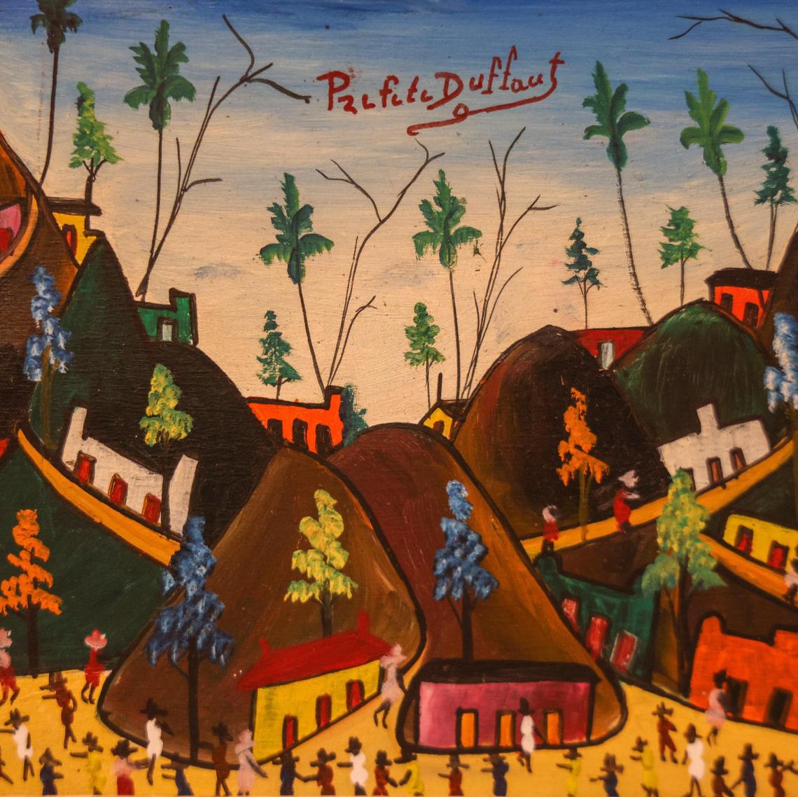 Pictured is Prefete Duffaut’s acrylic on board entitled “Dimanche (Sunday).” On Tuesday, June 6, 2023, art lovers browsed through that recently opened Haitian art show entitled “Cosmic Mirrors” at NSU Art Museum in Fort Lauderdale, Florida.