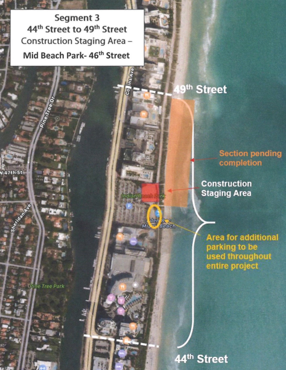 A map shows the status of a sand renourishment project in the Mid-Beach area of Miami Beach.