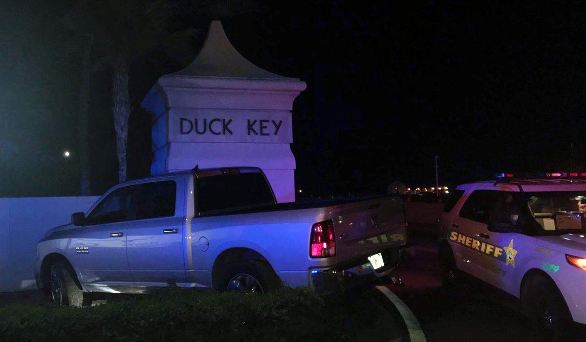 Nichola Tralka’s truck meets the Duck Key entrance around 4 a.m. Sunday