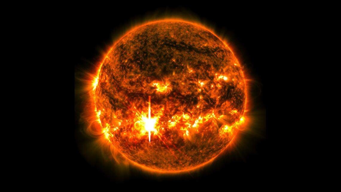At 6:20 p.m. on Tuesday, Oct. 1, the sun emitted a burst of energy that was classified as a very powerful solar flare, and it makes the sun appear to have a pumpkin smiley face.