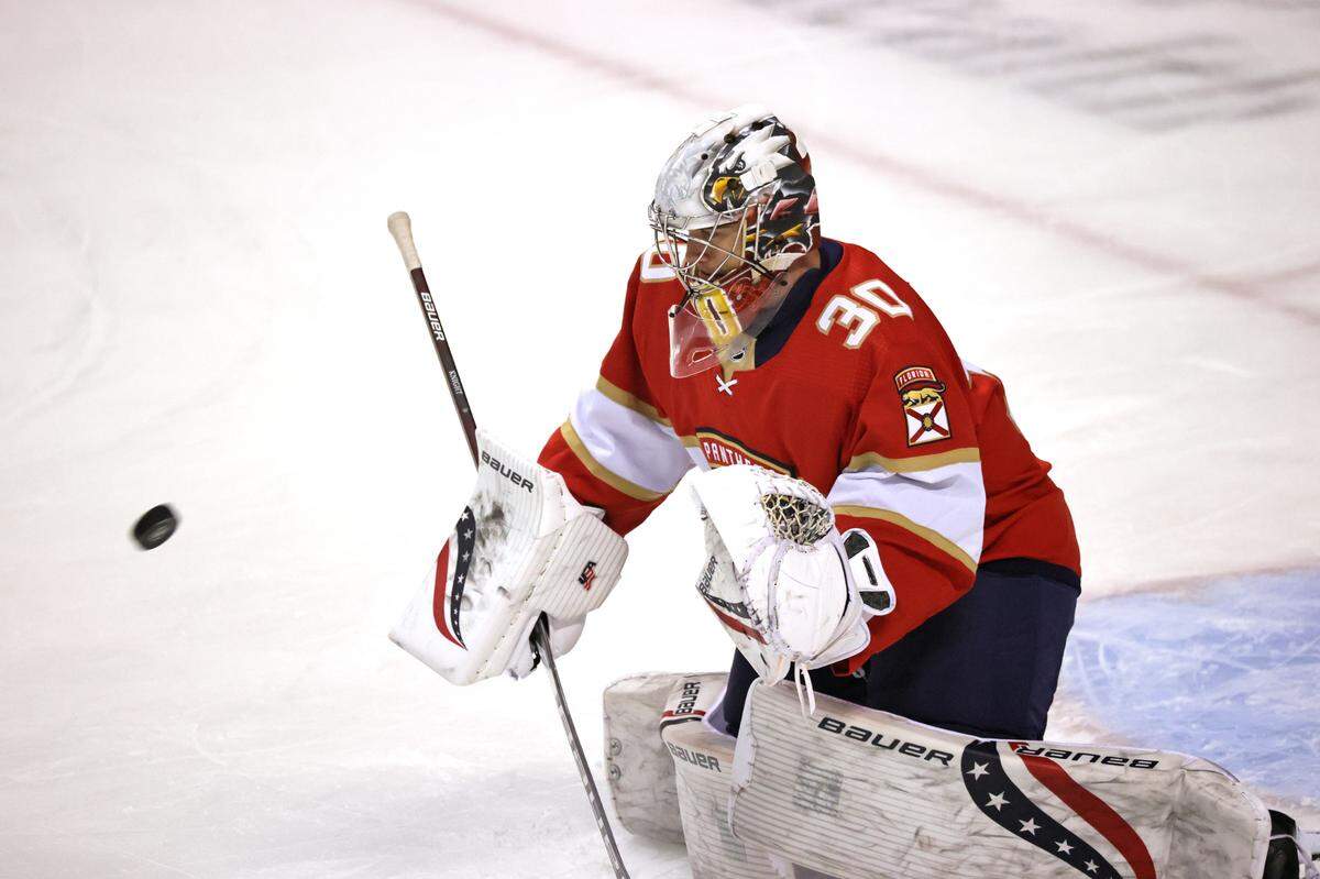 Florida Panthers goaltender Spencer Knight (30) defends the goal before the start of an NHL game against the Carolina Hurricanes at the BB&T Center on Thursday, April 21, 2021 in Sunrise, Fl.