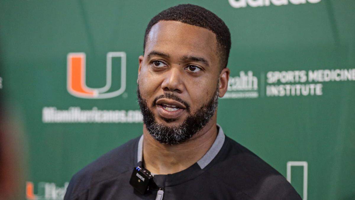 Miami Hurricanes Defensive Ends Coach Rod Wright speaks to reporters after practice at the University of Miami in Coral Gables on Thursday, March 24, 2022.