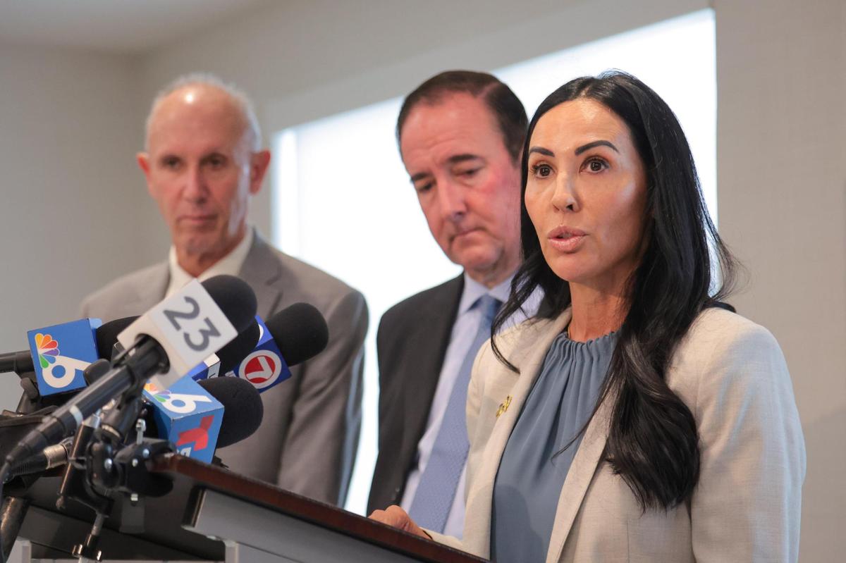 Christine Maron speaks to reporters during a press conference at The Haggard Law Firm in Coral Gables on Monday, June 23, 2025. Maron is the mother of Dominic Ferrell, the 17-year-old boy stabbed to death while he was sleeping in a Brickell condo.