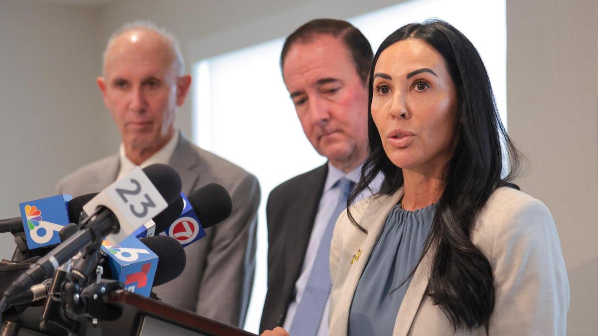 Christine Maron speaks to reporters during a press conference at The Haggard Law Firm in Coral Gables, Florida, on Monday, June 23, 2025. Maron is the mother of Dominic Ferrell, the 17-year-old boy stabbed to death while he was sleeping in a Brickell condo.