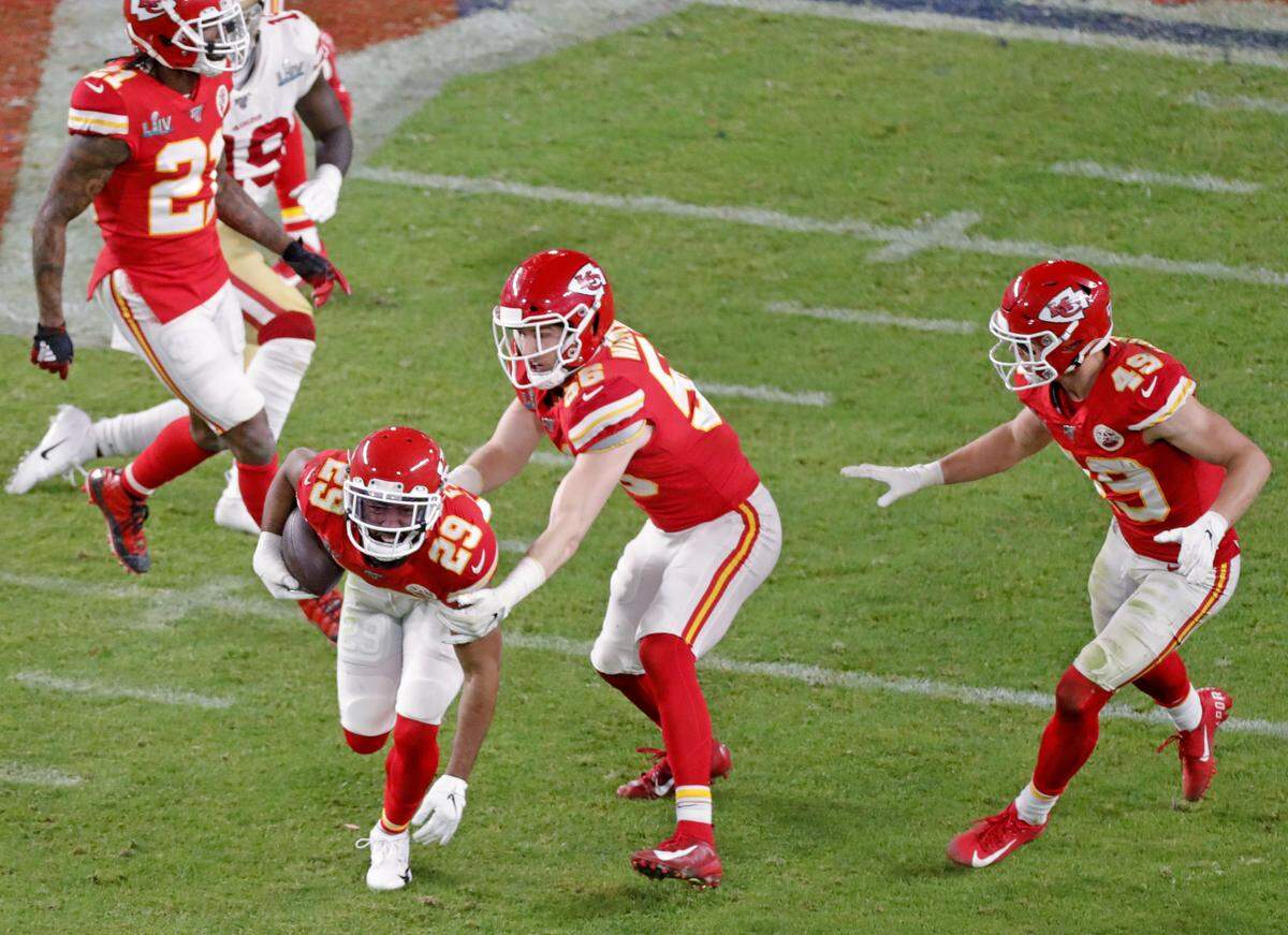 Kansas City Chiefs cornerback Kendall Fuller (29) celebrates after intercepting a pass from San Francisco 49ers quarterback Jimmy Garoppolo (10) during the fourth quarter of the NFL Super Bowl 54 at Hard Rock Stadium on Sunday, February 2, 2020, in Miami Gardens.