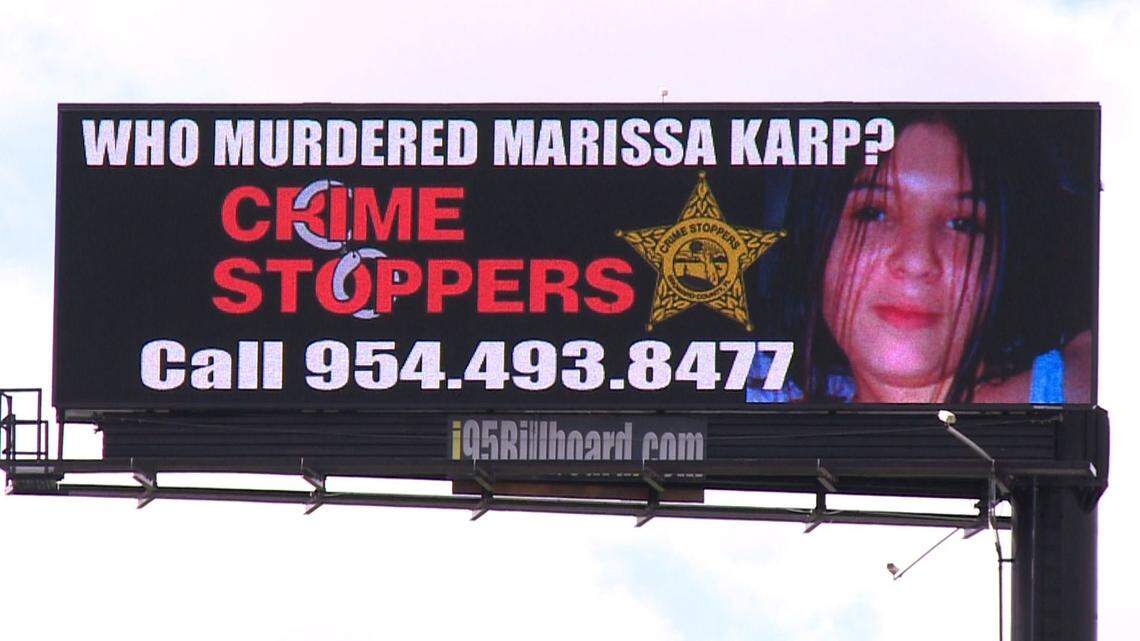 Billboard on I-95 and Hallandale Beach Boulevard asked motorists to help solve Marissa Karp’s murder case.