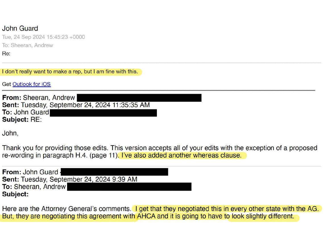 Chief Deputy Attorney General John Guard tells Agency for Health Care Administration Attorney Andrew Sheeran that he doesn’t want to represent the Attorney General’s Office in the Centene Medicaid settlement in Sept. 2024.