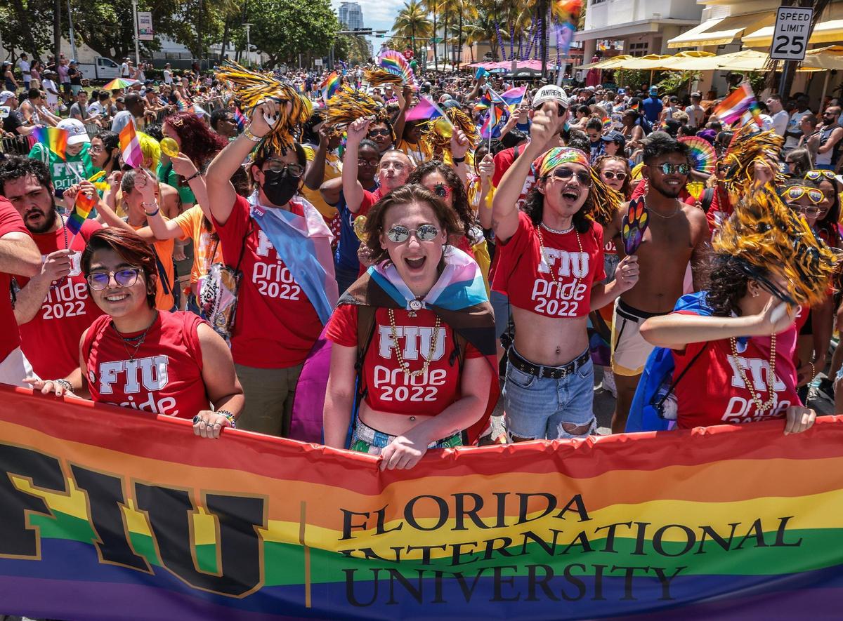 Florida International University students participate in the Miami Beach Pride Parade. The City of Miami Beach held its annual parade on Ocean Drive from 5th to 15th Street on Sunday, April 10, 2022.