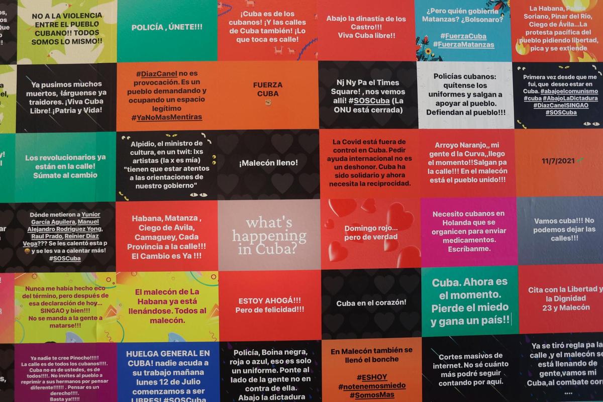 La obra de Reynier Leyva Novo, titulada 'Estados' fue creada a partir de las publicaciones de las cuentas de Facebook de la gente el día en que estallaron las protestas masivas en Cuba el año pasado y se exhibe en la muestra de arte cubano de Espacio 23 llamada 'Tú sabes quién eres', el martes 1 de noviembre de 2022, en Miami. Alie Skowronski askowronski@miamiherald.com