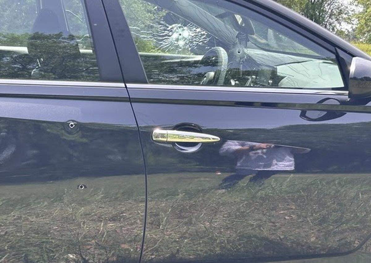 The suspect fired multiple shots into this vehicle while traveling on Interstate 10 in Washington County, Florida, officials say.