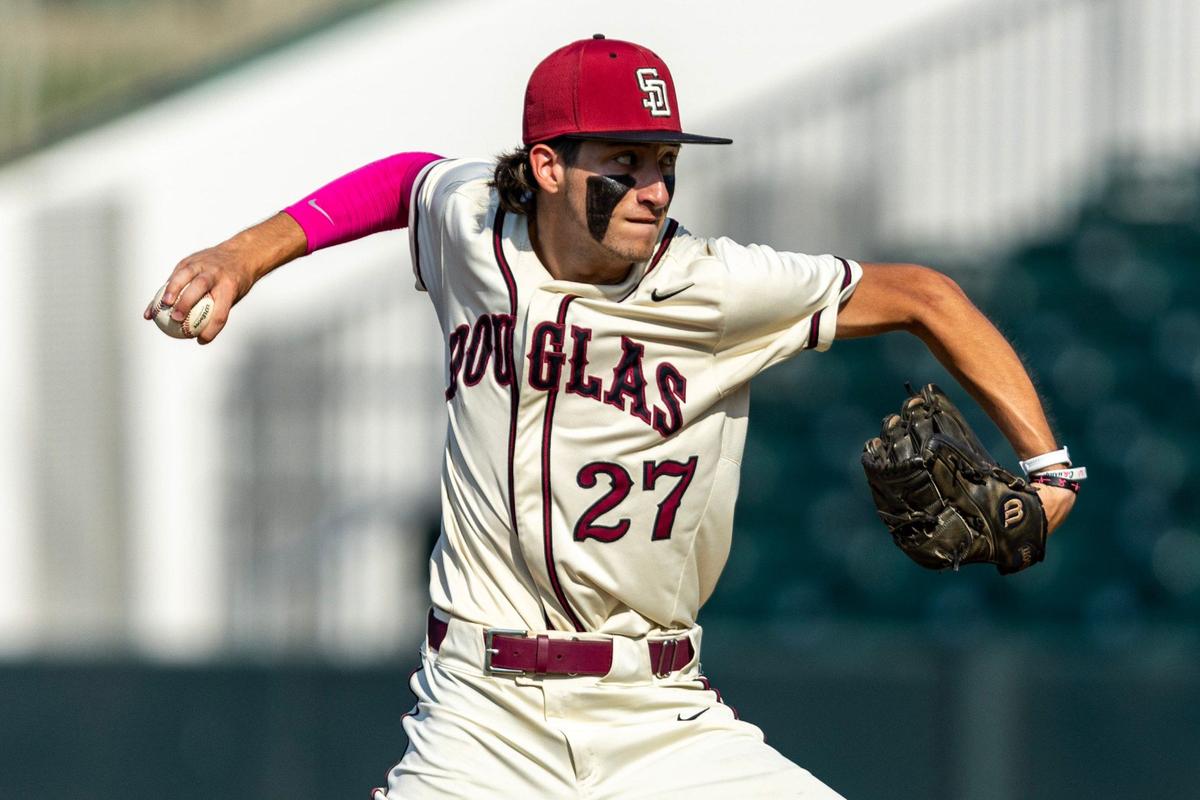 Marjory Stoneman Douglas pitcher Jayden Dubanev (27) throws the ball during the Class 7A state baseball championship game against Windermere at Hammond Stadium on Saturday, May 18, 2024, in Fort Myers, Fla.