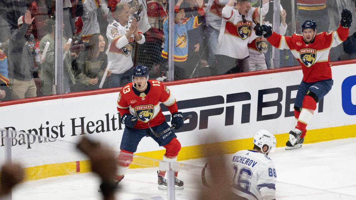 Florida Panthers center Sam Reinhart (13) screams after scoring a goal during the first period of Game 1 of the Stanley Cup Playoffs Round 1 on Sunday, April 21, 2024, at Amerant Bank Arena in Sunrise, Fla. The score was tied 1-1 at the end of the first period.