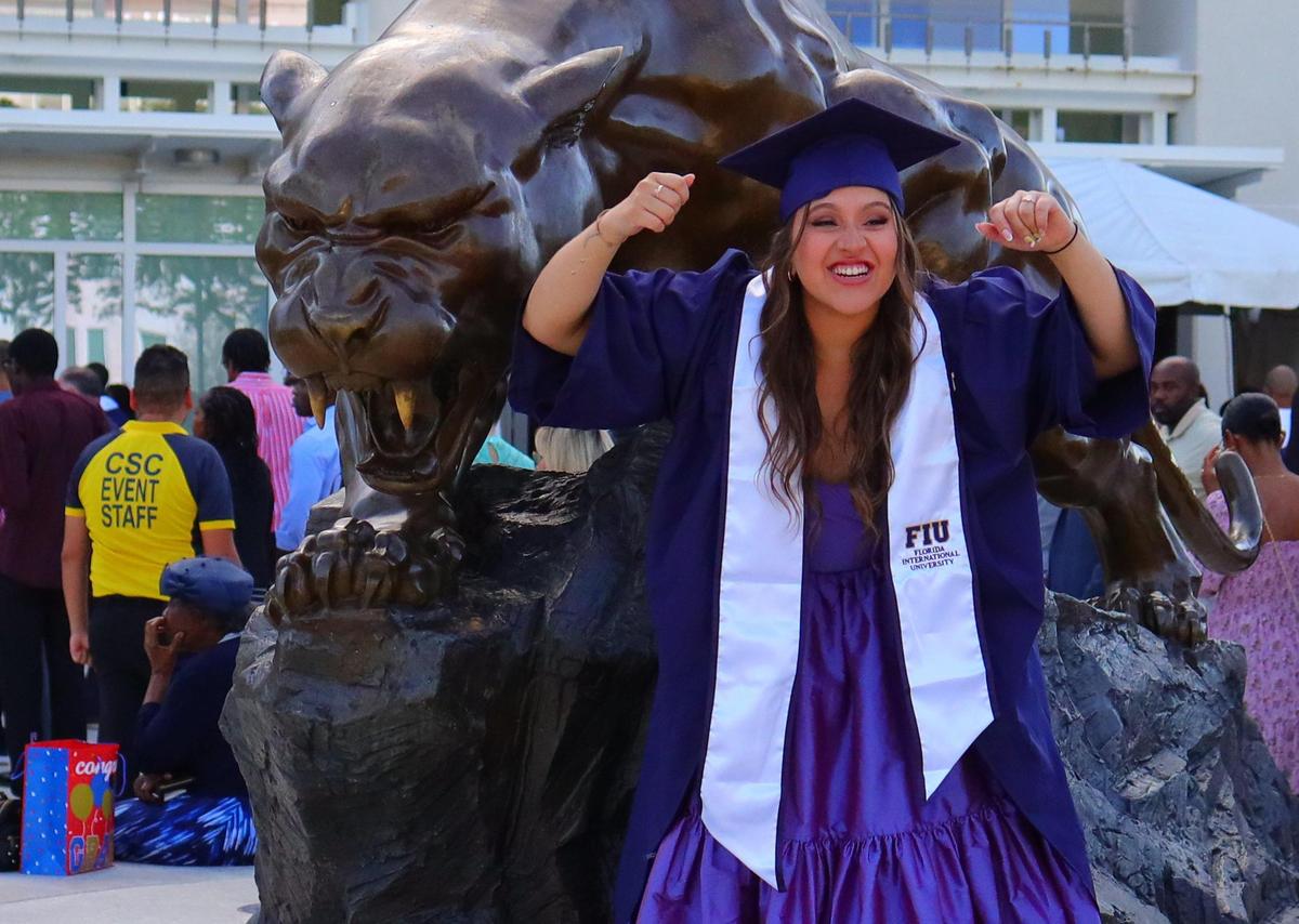 Laura Flores, 24, screamed “Muchachos, we did it!” as she leaned on the emblematic Panther statue outside the center and threw up two fist pumps. She graduated with a bachelor’s in psychology. “It was very difficult to graduate. I had to pay out-of-pocket and work multiple jobs to do this,” she said. “It’s my greatest accomplishment.”&nbsp;