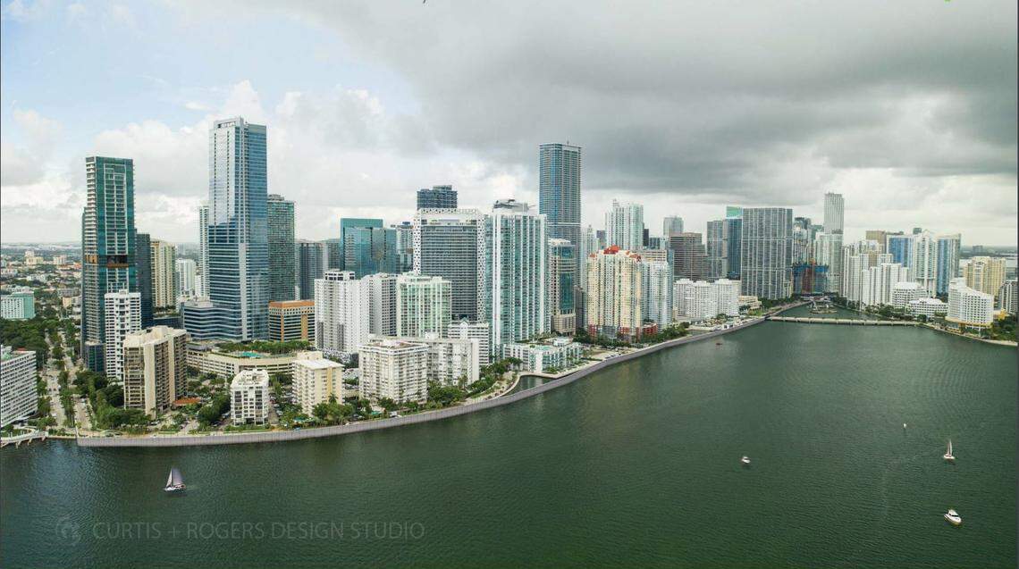A rendering depicting what the Army Corps of Engineers’ proposed 10-foot high walls designed to protect downtown Miami from storm-surge flooding might look like.