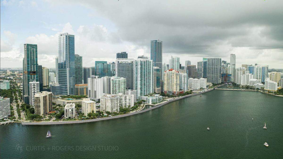 A rendering depicting what the Army Corps of Engineers’ proposed 10-foot high walls designed to protect downtown Miami from storm-surge flooding might look like.