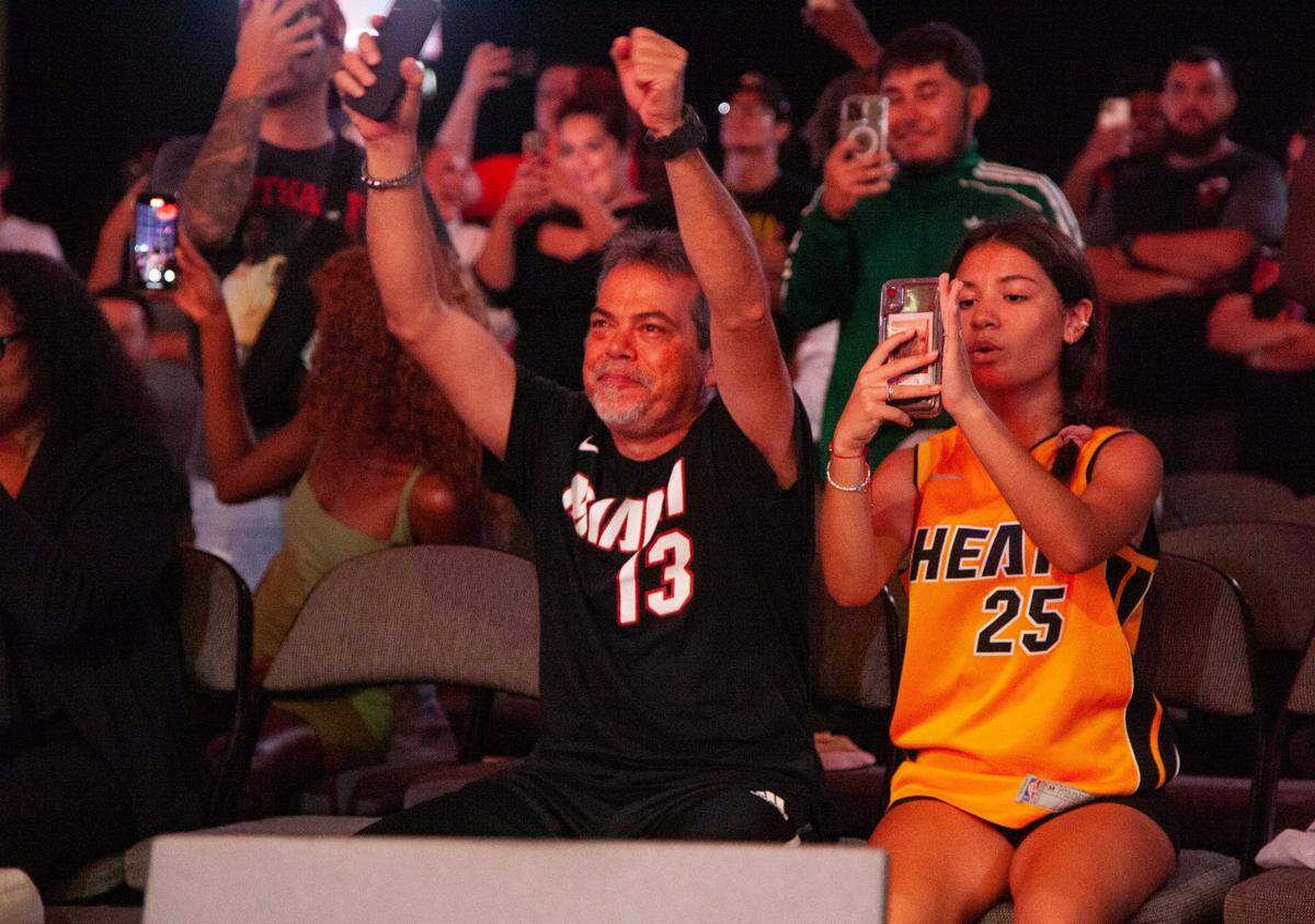 Fans react to the Heat choosing Jaime Jaquez Jr.during the 2023 Miami Heat Draft Watch Party at Kaseya Stadium on Thursday, June 22, 2023 in Miami, Florida.