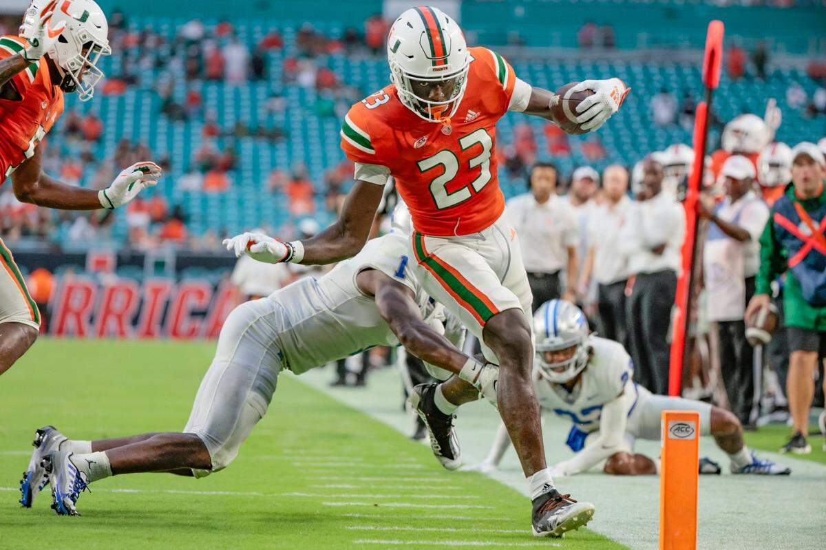 Miami Hurricanes tight end Jaleel Skinner’s (23) touchdown is ruled out of bounds in the fourth quarter during game against Middle Tennessee State Blue Raiders at Hard Rock Stadium in Miami Gardens on Saturday, September 24, 2022.