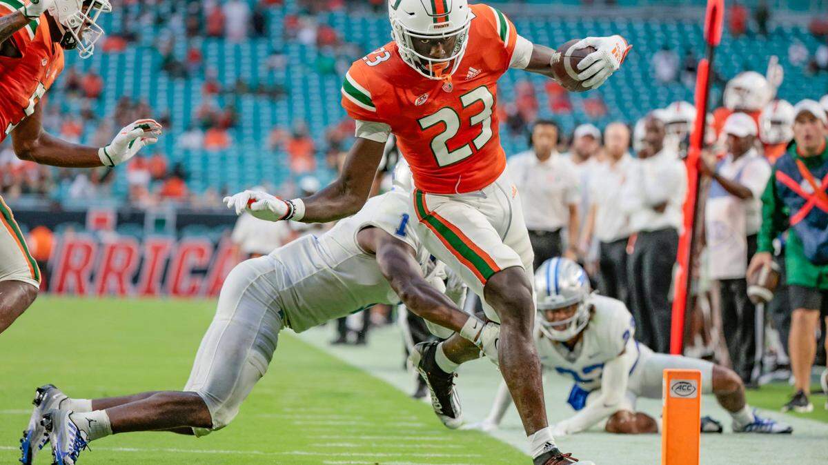 Miami Hurricanes tight end Jaleel Skinner’s (23) touchdown is ruled out of bounds in the fourth quarter during game against Middle Tennessee State Blue Raiders at Hard Rock Stadium in Miami Gardens on Saturday, September 24, 2022.
