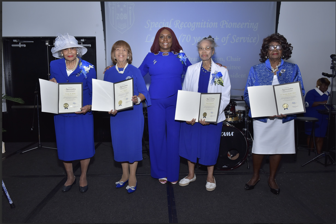 From left: Dorothy Wallace, Doris Harden, Patricia Armbrister Hill, Lydia Richardson and Dr. Dorothy Jenkins Fields were honored for having served the Beta Tau Zeta chapter of the Zeta Phi Beta sorority for over 70 years.
