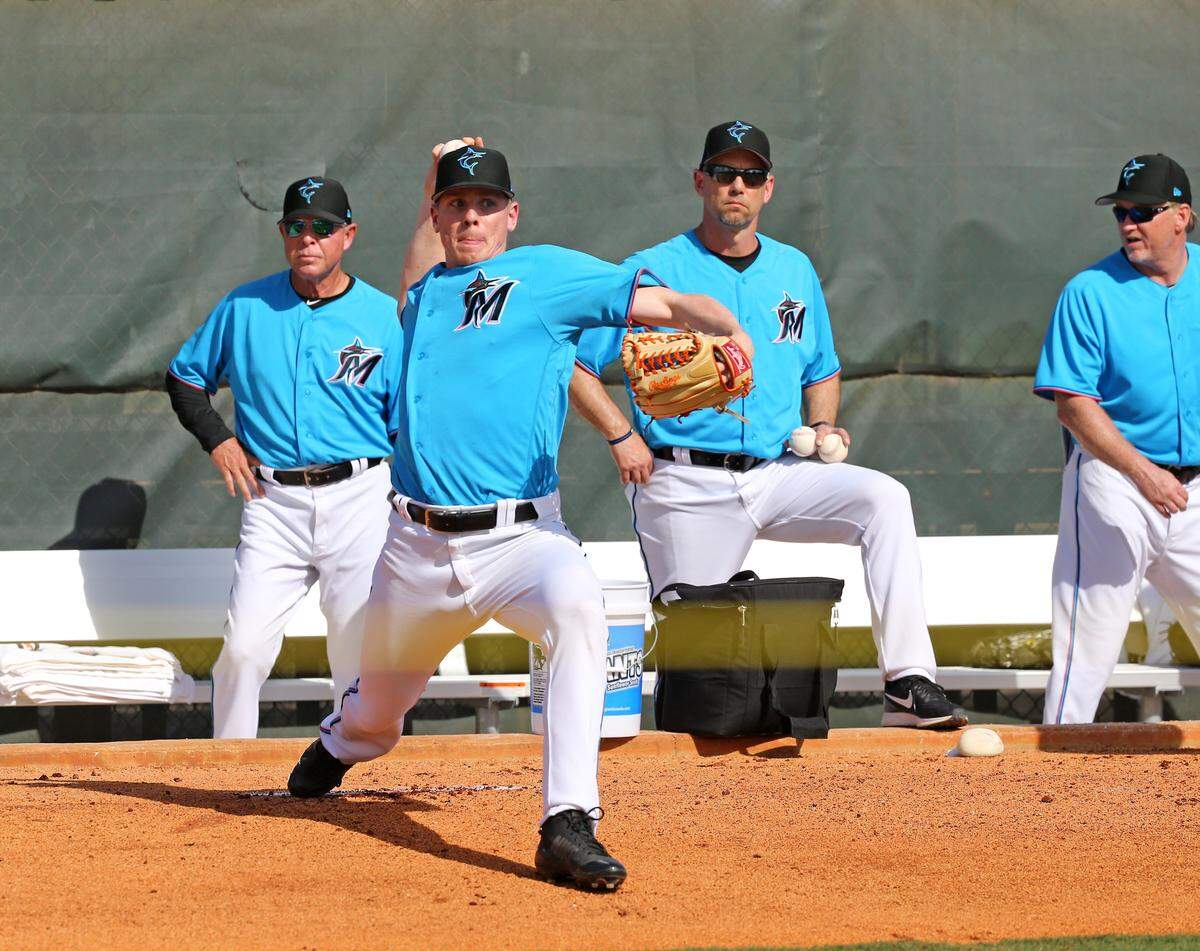 Miami Marlins pitcher Jeff Brigham (43) pitches during the first full-squad spring training workout on Monday, February 18, 2019 in Jupiter, FL.