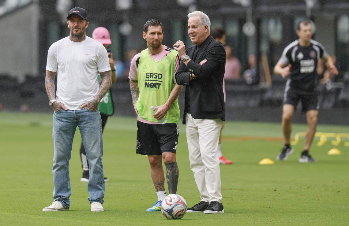 Inter Miami CF Managing Owner Jorge Mas, co-owner David Beckham and forward Lionel Messi (10), left to right, talk at the Nu Stadium at Miami Freedom Park on Thursday, April 2, 2026, in Miami.