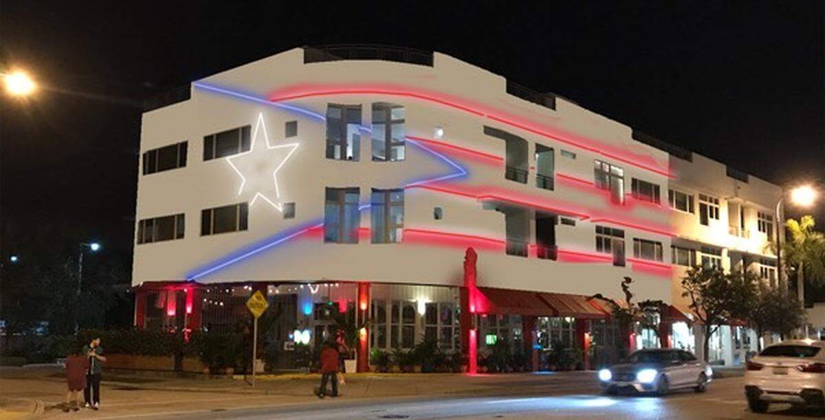 This rendering shows a proposed replacement for the three-story mural of the Puerto Rican flag painted on the side of La Placita, a restaurant at the corner of Northeast 68th Street and Biscayne Boulevard.