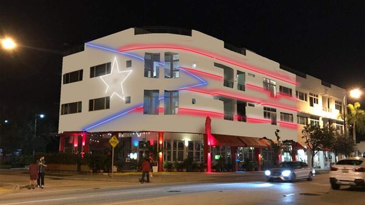 This rendering shows a proposed replacement for the three-story mural of the Puerto Rican flag painted on the side of La Placita, a restaurant at the corner of Northeast 68th Street and Biscayne Boulevard.