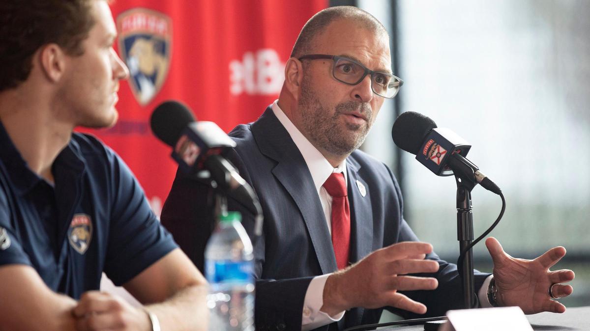 Florida Panthers General Manager Bill Zito speaks at an introductory press conference at FLA Live Arena in Sunrise, Florida on Monday, July 25, 2022.