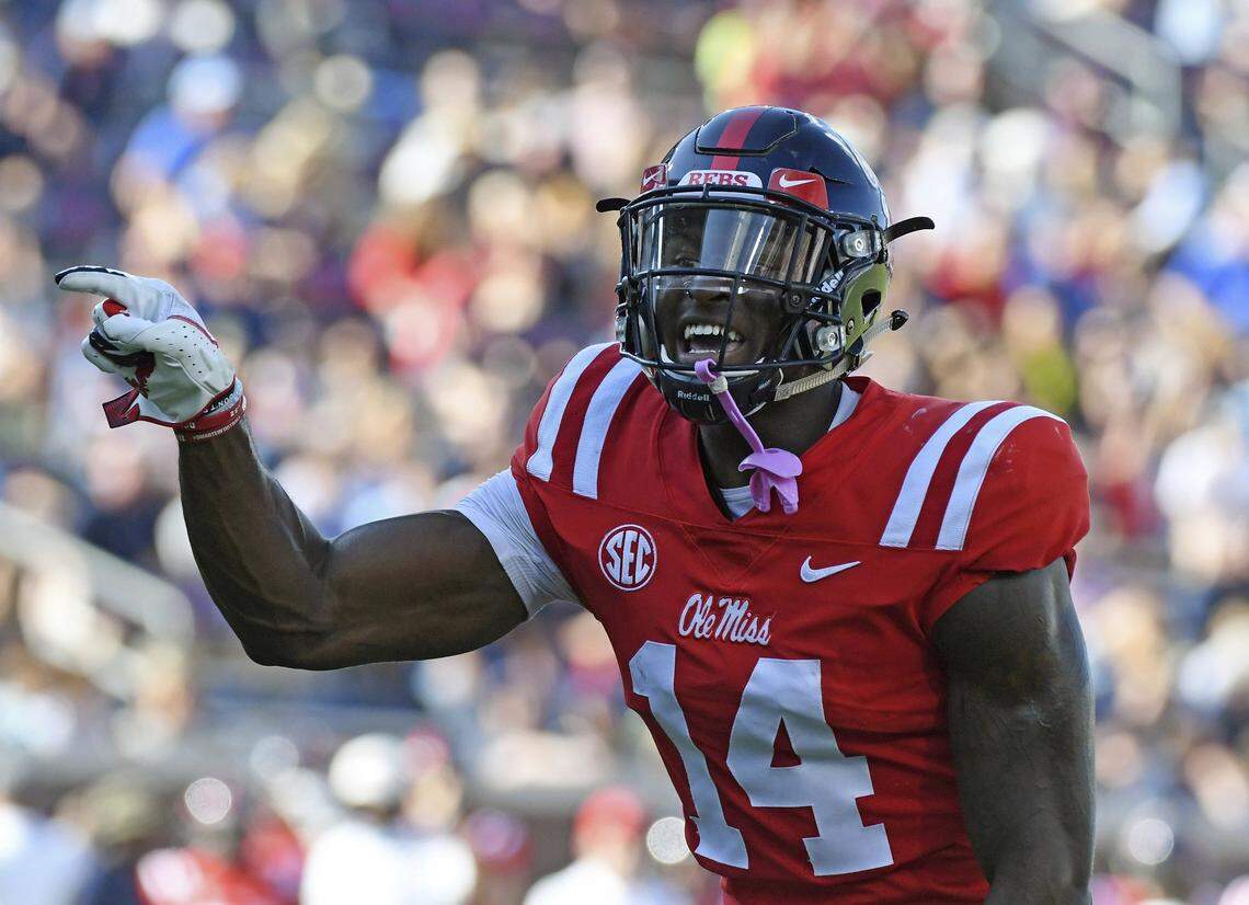 Mississippi wide receiver D.K. Metcalf (14) gestures before a play during the first half of an NCAA college football game against Louisiana Monroe in Oxford, Miss., Saturday, Oct. 6, 2018.