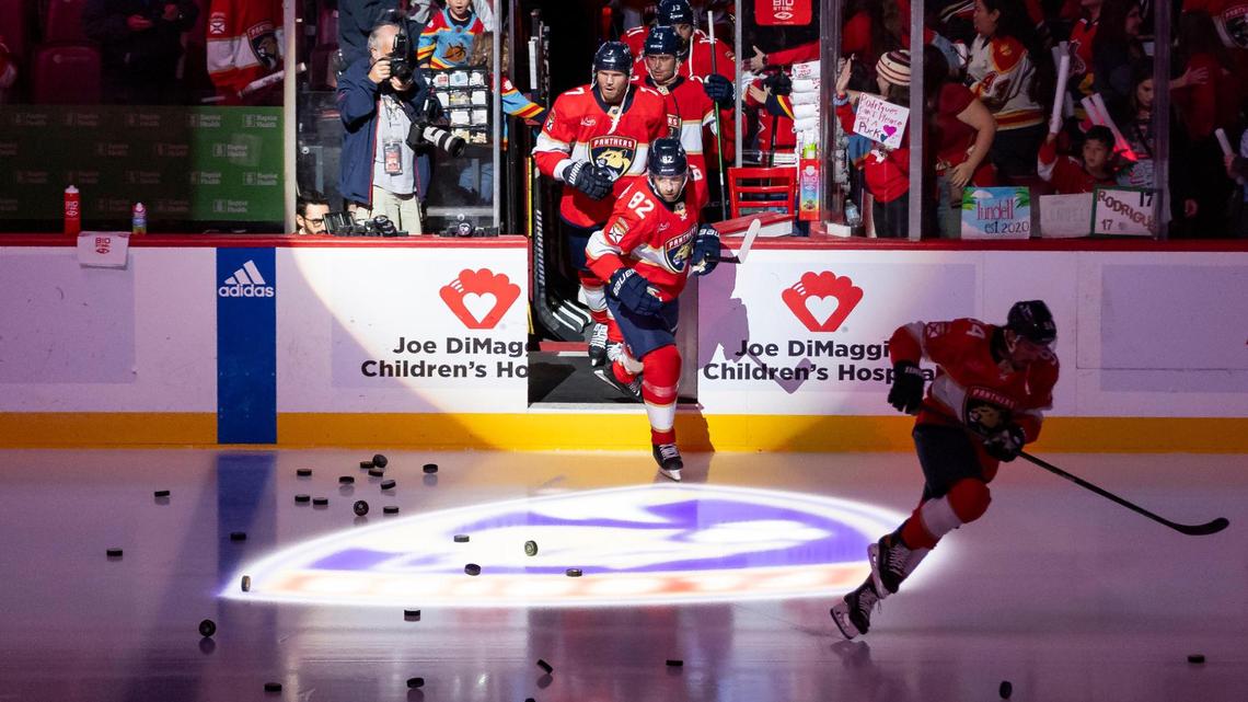 The Florida Panthers make their way onto the ice to warm up before their NHL game against the Toronto Maple Leafs at the Amerant Bank Arena on Thursday, Oct. 19, 2023, in Sunrise, Fla.