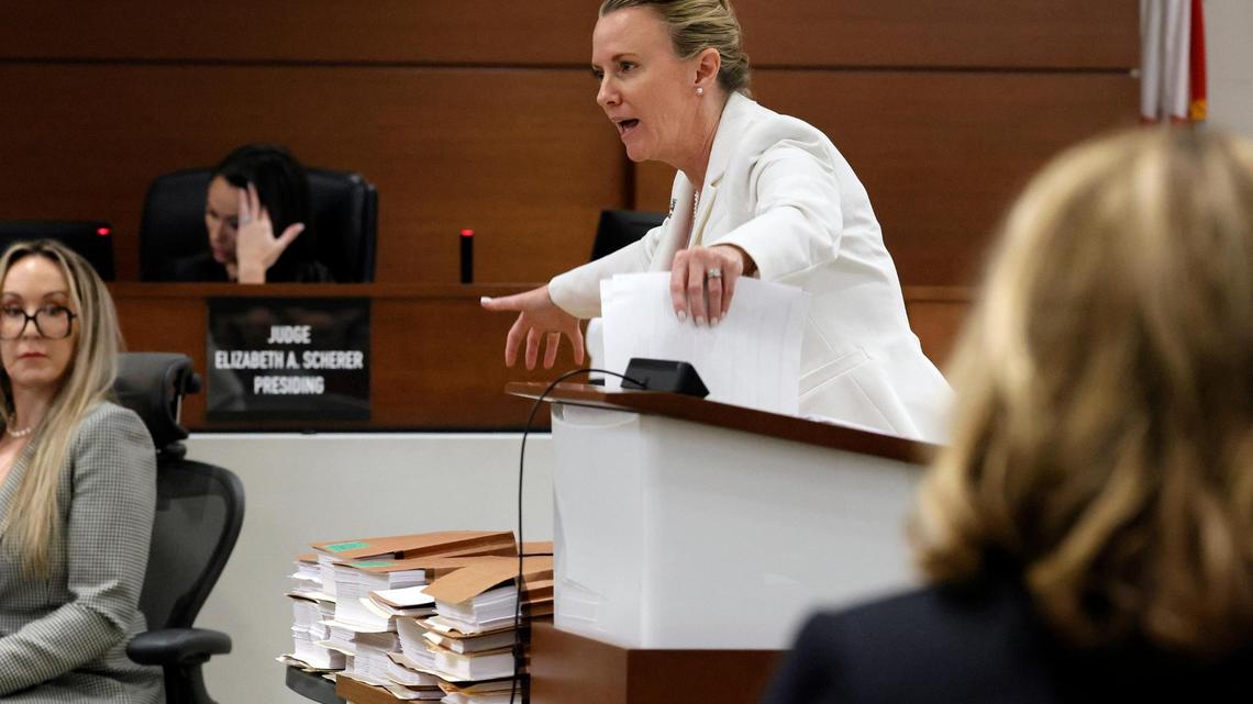 “This is Nikolas’s life,” Assistant Public Defender Melisa McNeill says as she stands behind two tables piled high with documents during her closing arguments in the penalty phase of the trial of Marjory Stoneman Douglas High School shooter Nikolas Cruz at the Broward County Courthouse in Fort Lauderdale on Tuesday, Oct. 11, 2022. Cruz previously pleaded guilty to all 17 counts of premeditated murder and 17 counts of attempted murder in the 2018 shootings.
