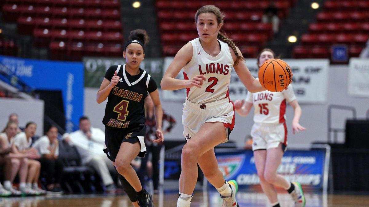Westminster Academy guard Lena Giardi (2) drives the ball during the game against Florida State University School in a girls basketball Class 3A state semifinal at the RP Funding Center in Lakeland on Wednesday, February 23, 2022.